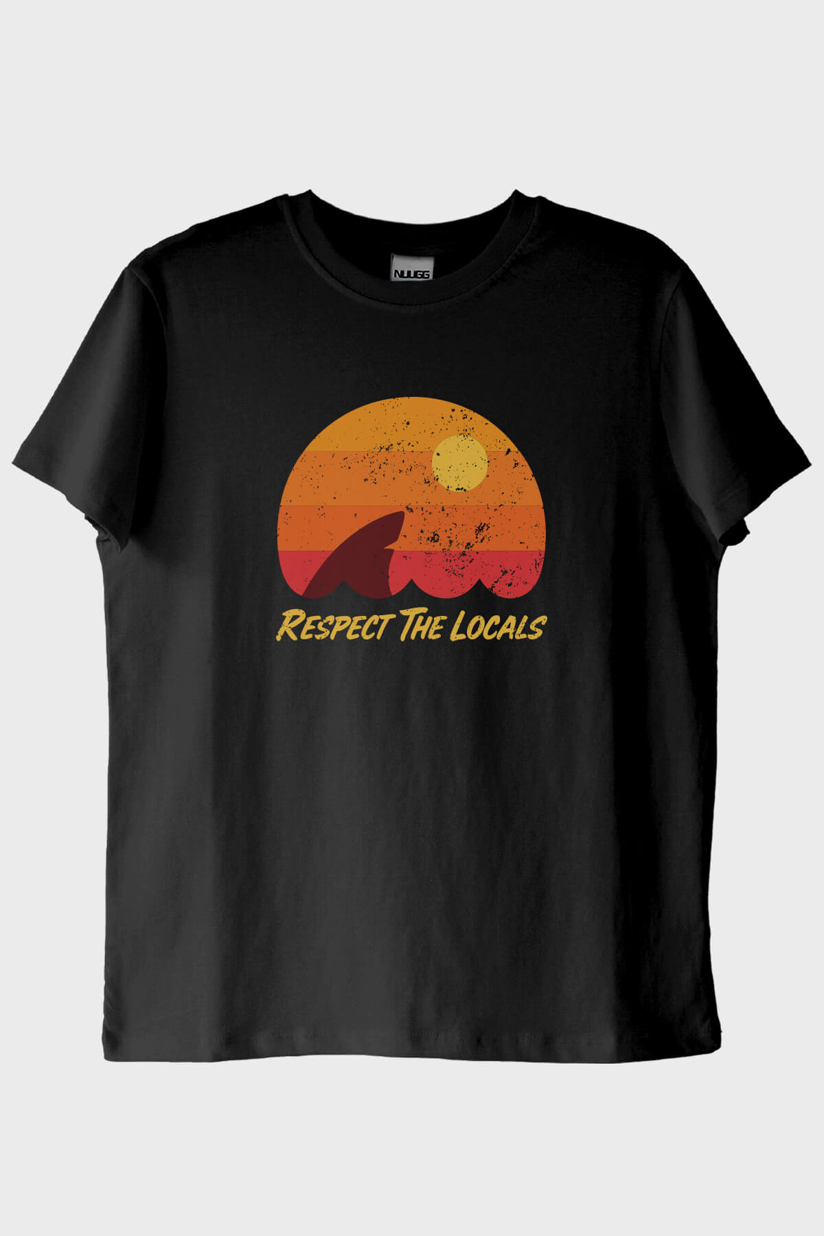 Respect The Locals Köpekbalığı Baskılı Vintage Siyah Tişört