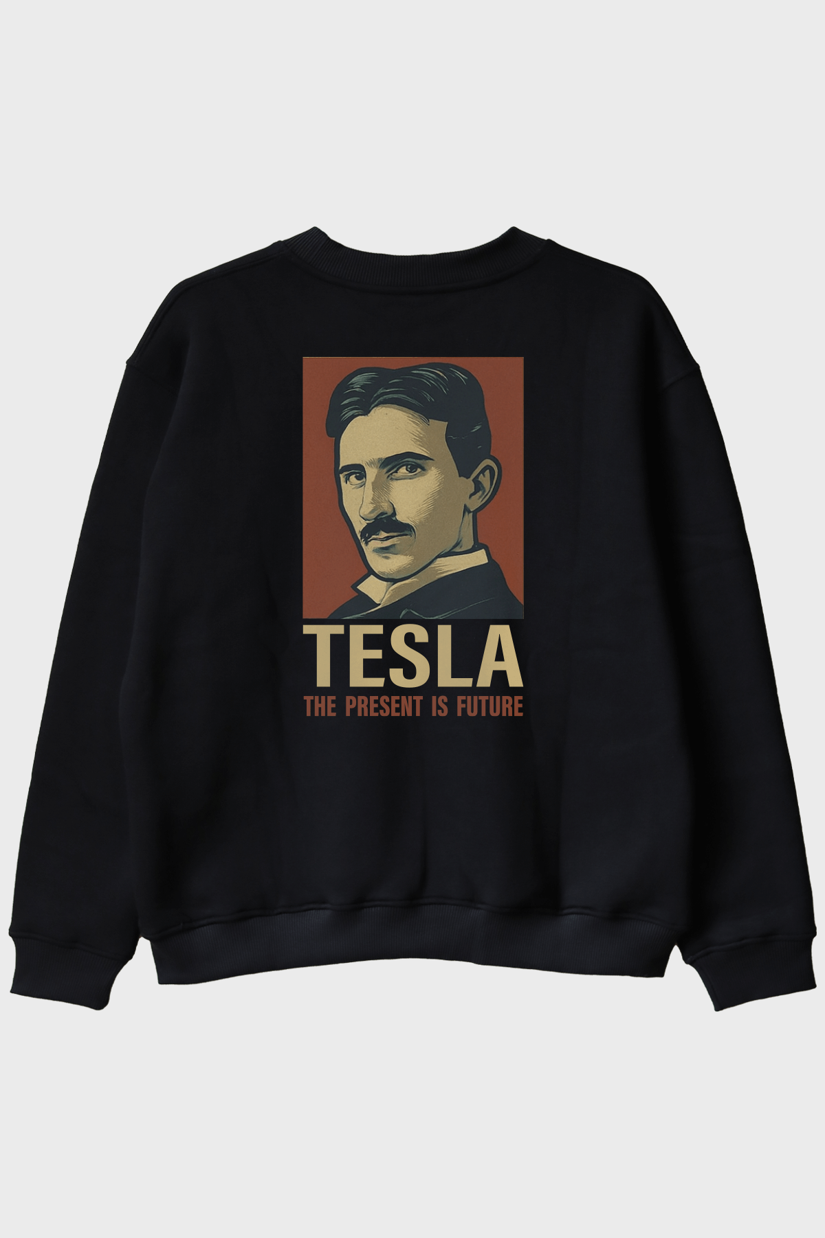 Tesla Slogan Siyah Bisiklet Yaka Sweatshirt