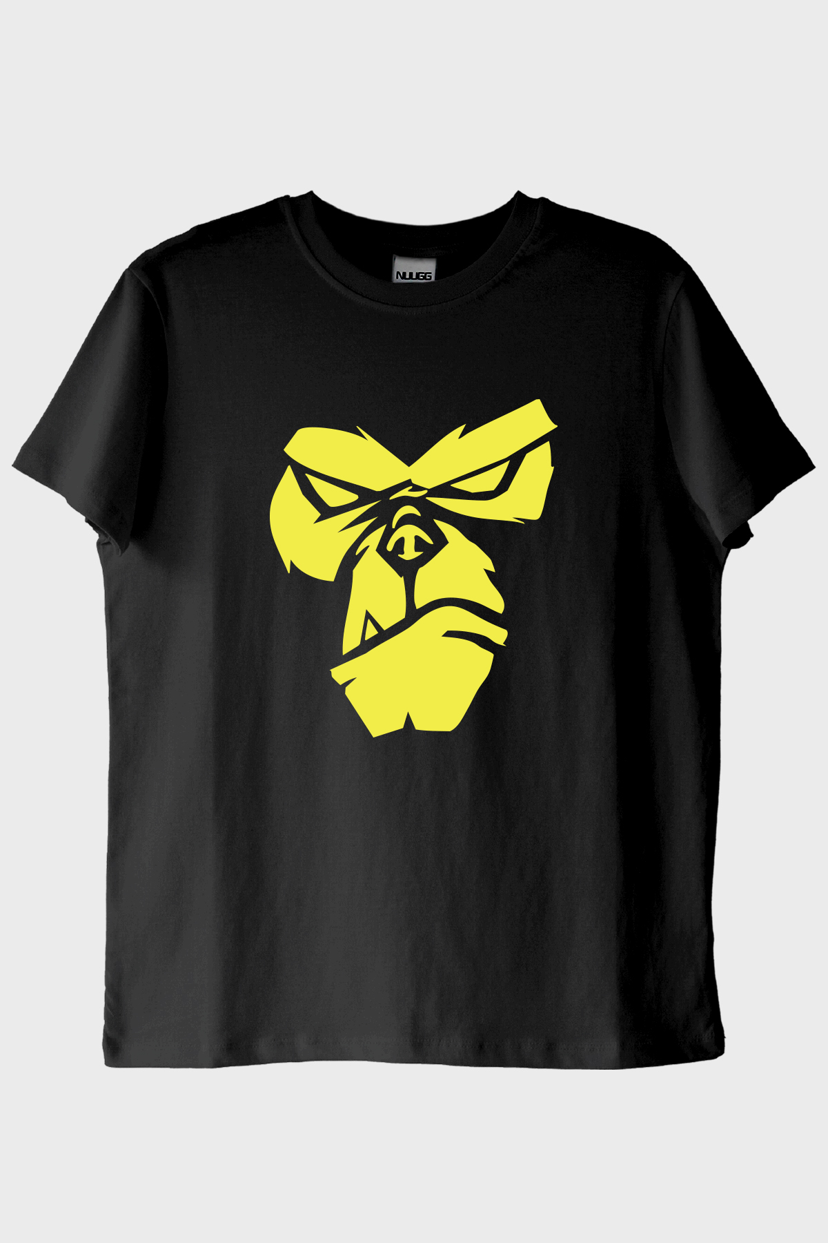 Zemin Üzerine Parlak Sarı Goril Yüzü Baskılı Siyah Tişört