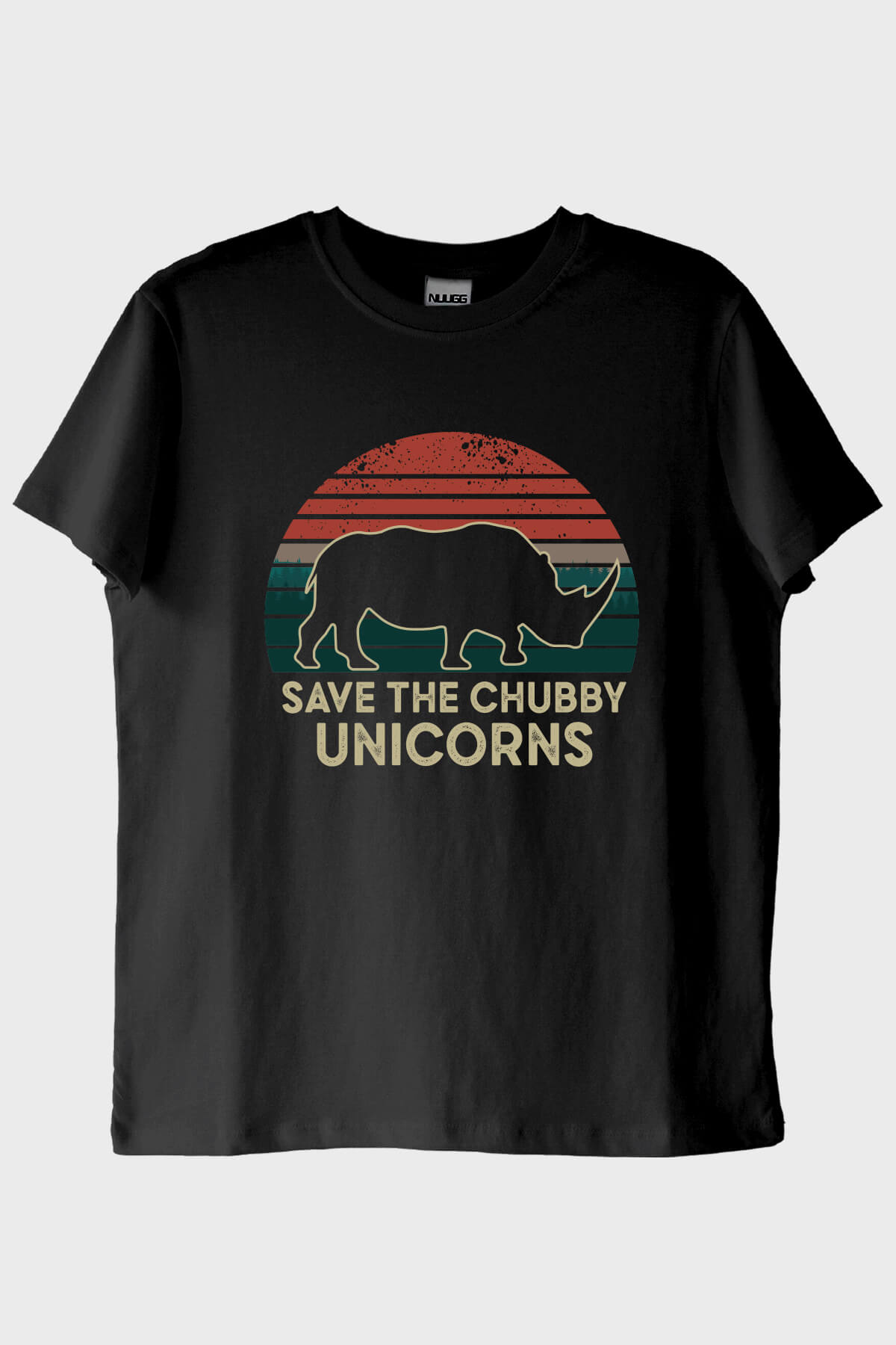 Save the Chubby Unicorns Retro Gergedan Baskılı Siyah Tişört