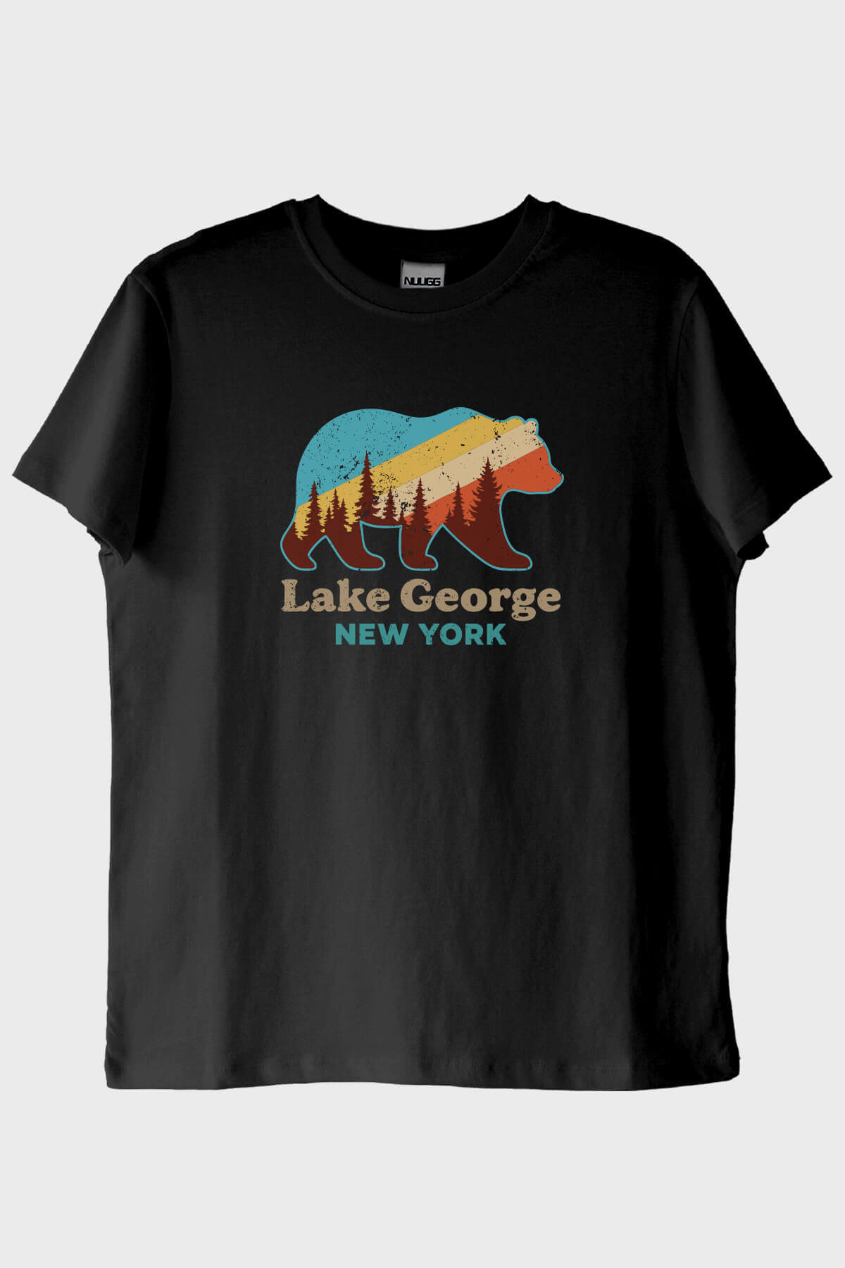 Lake George New York Ayı Siluetli Baskılı Siyah Tişört