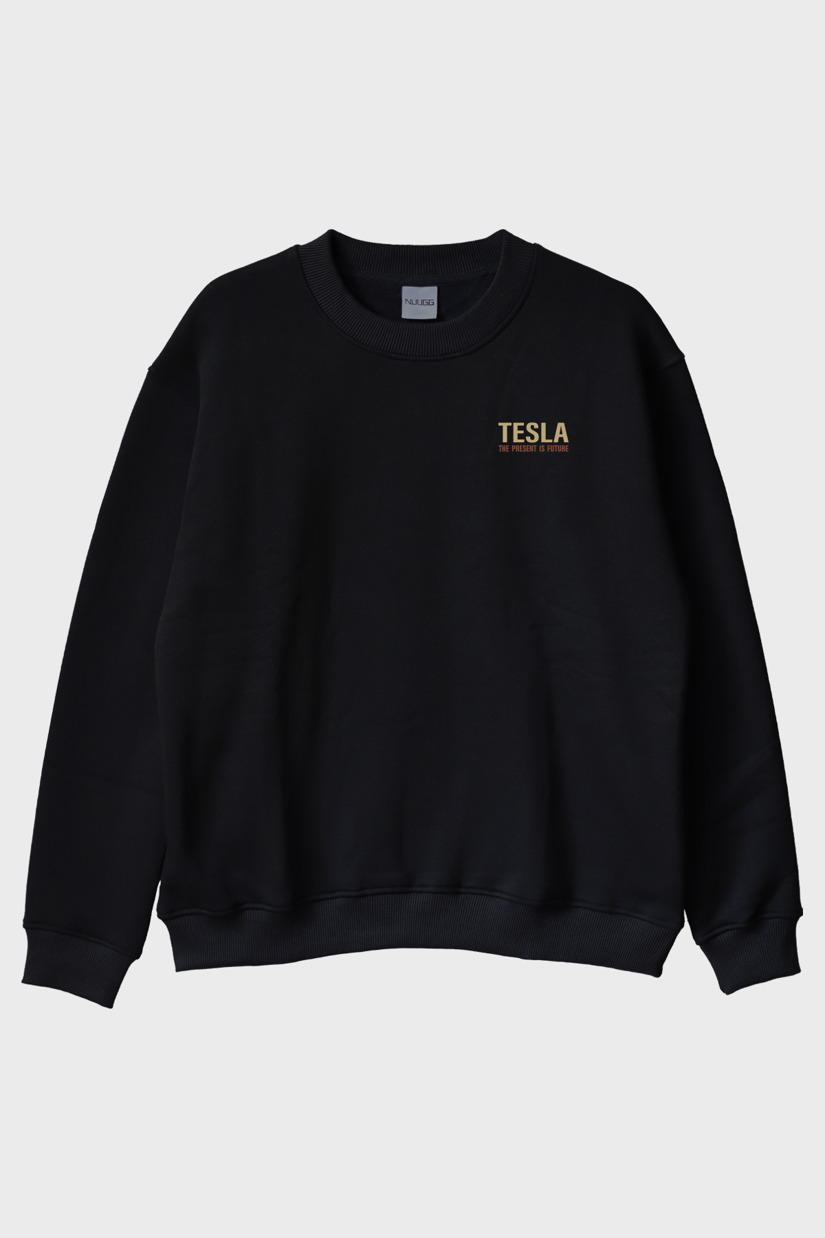 Tesla Slogan Siyah Bisiklet Yaka Sweatshirt