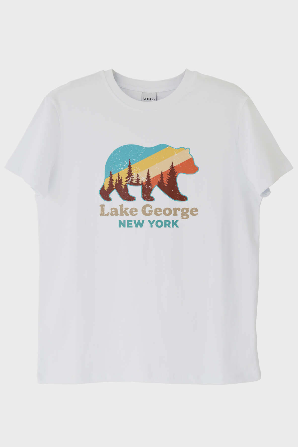 Lake George New York Ayı Siluetli Baskılı Beyaz Tişört