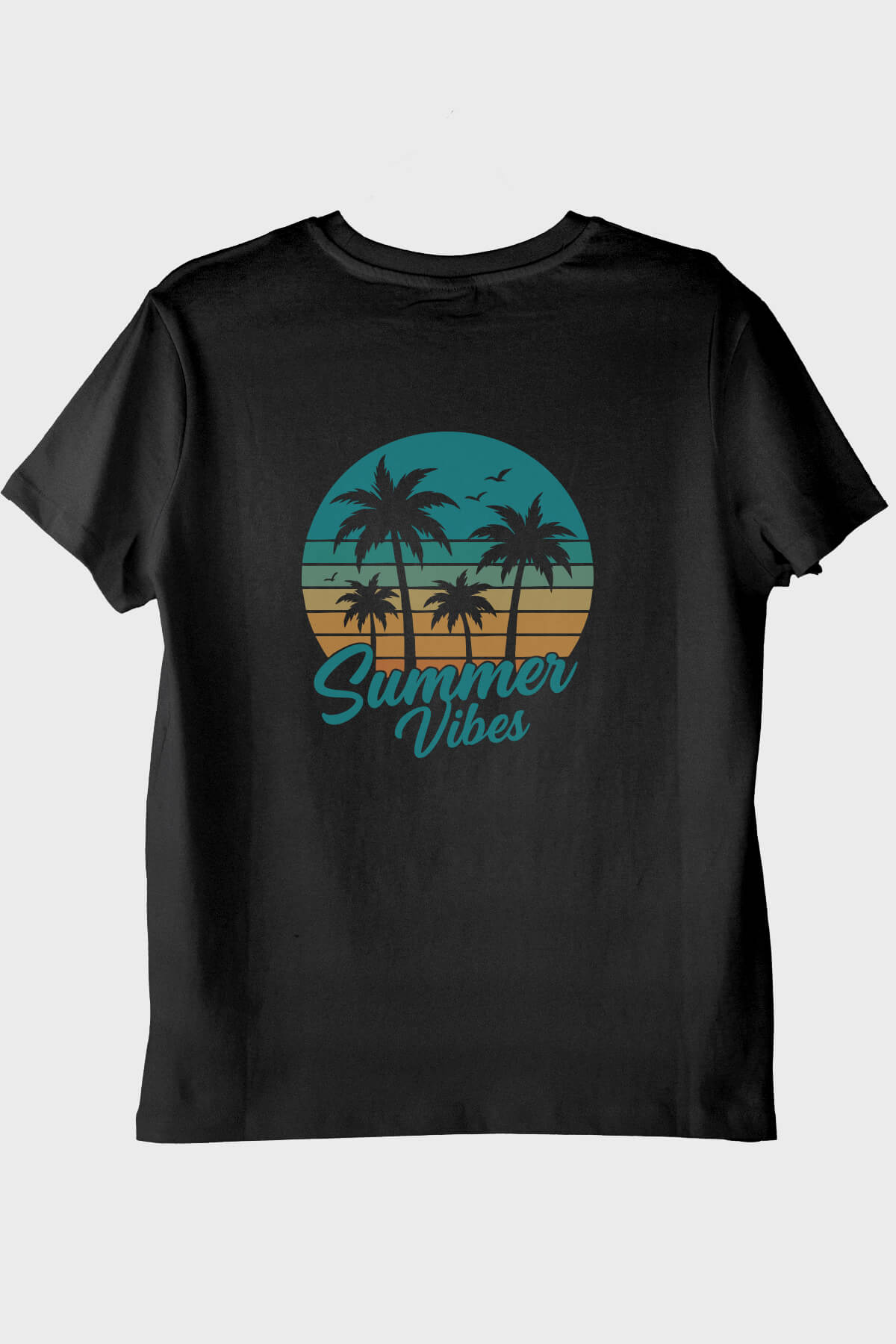 Summer Vibes Baskılı Tropik Plaj Tasarımlı Siyah Tişört