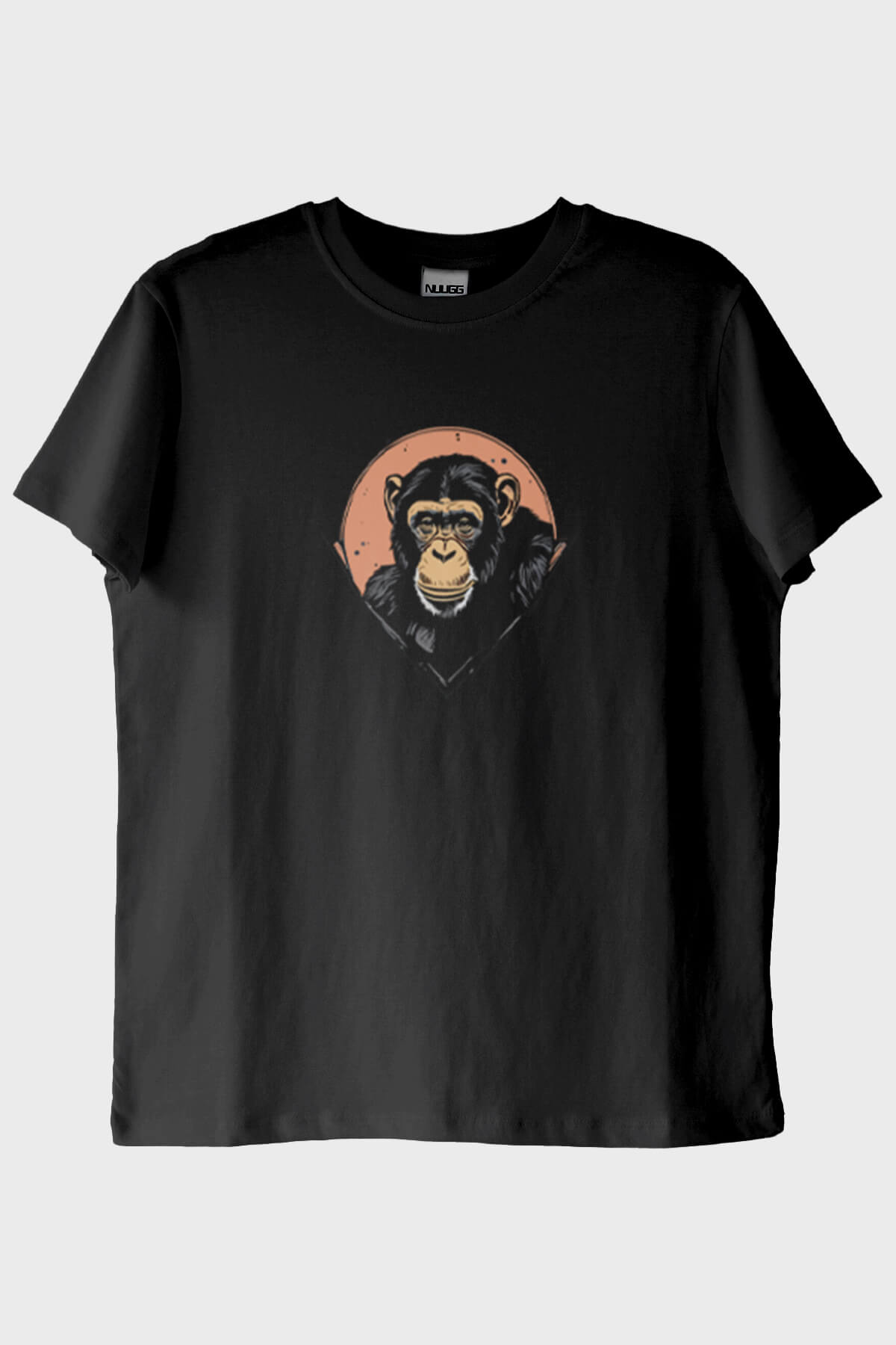 Şempanze Tasarımlı Minimalist Baskılı Siyah Tişört