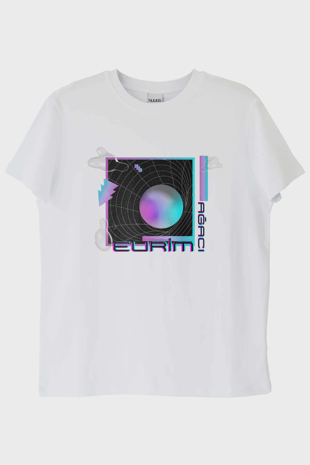 Evrim Ağacı Retro Geometrik Desenli Baskılı Beyaz Tişört