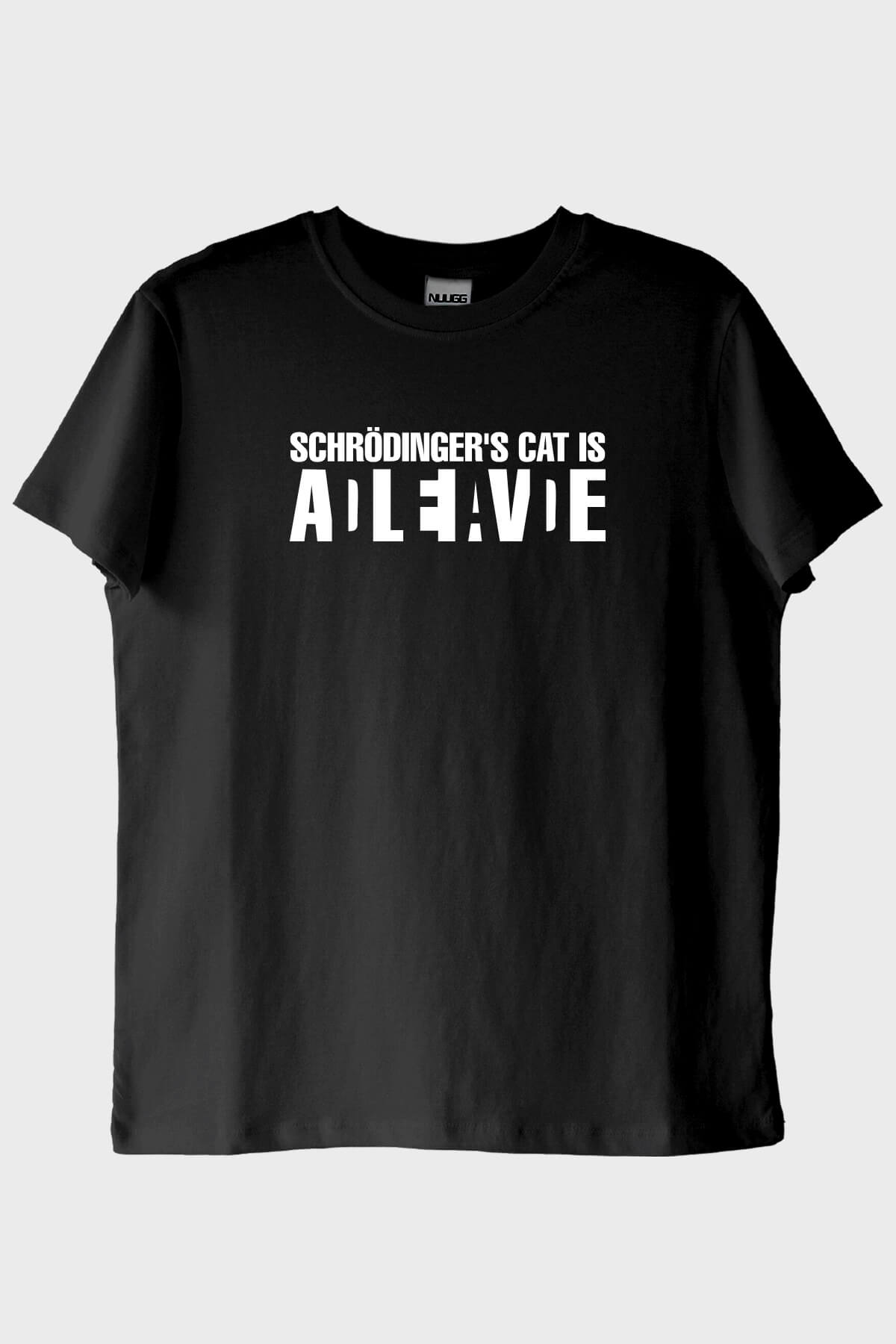 Schrödinger's Cat Alive Baskılı Bilim Tasarımlı Siyah Tişört