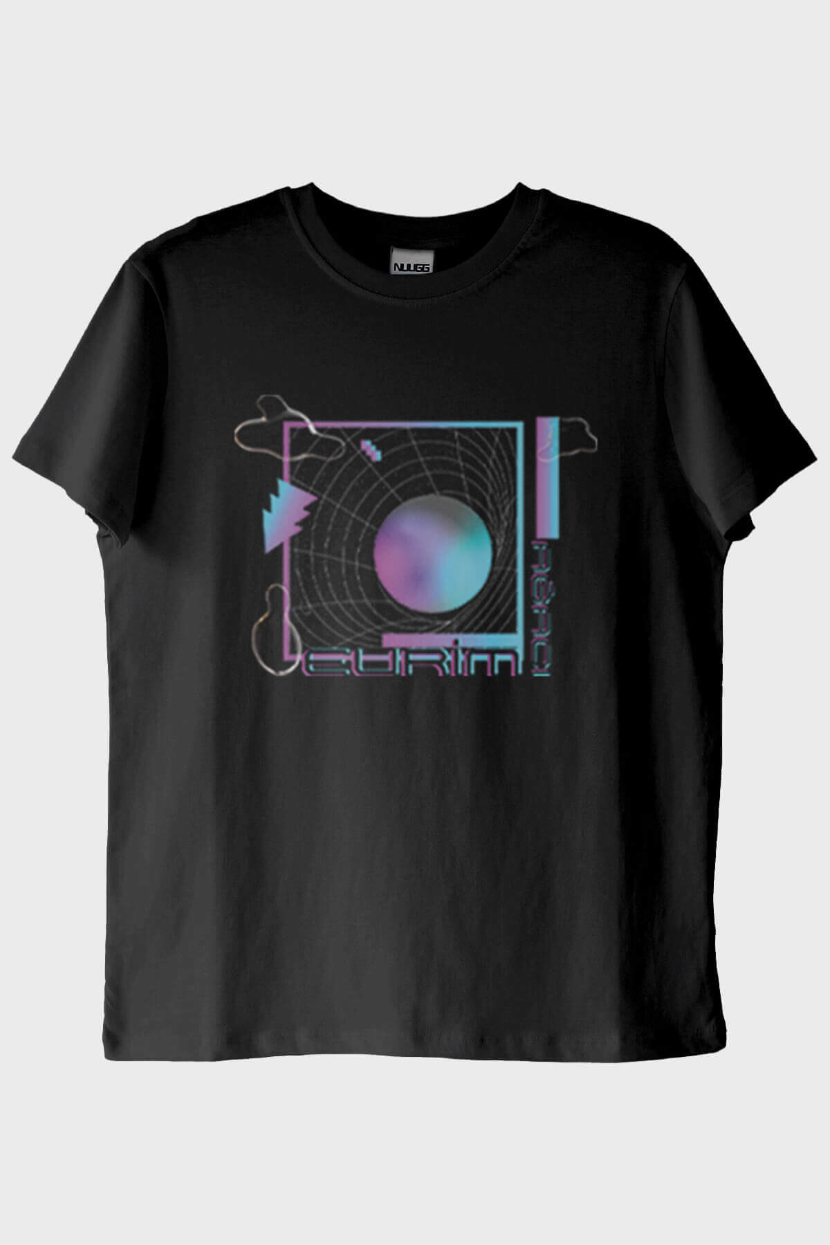 Evrim Ağacı Retro Geometrik Desenli Baskılı Siyah Tişört