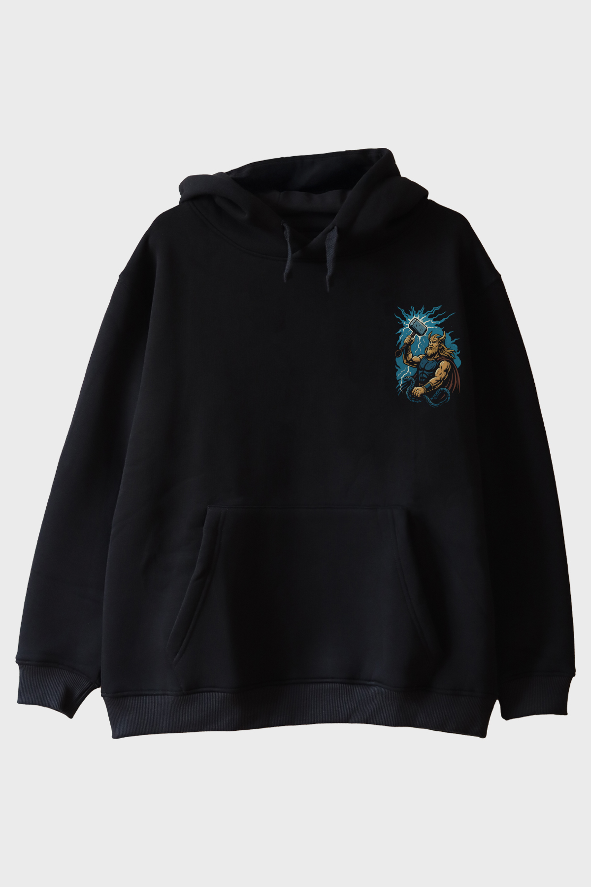 THOR Figürü Baskılı Siyah Hoodie
