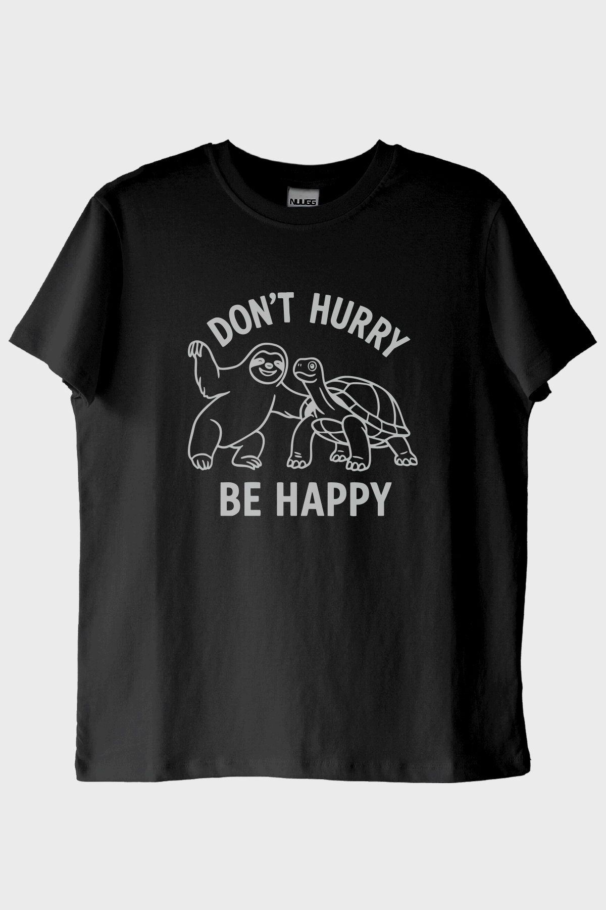 Don't Hurry Be Happy Baskılı Tembellik ve Kaplumbağa Siyah Tişört