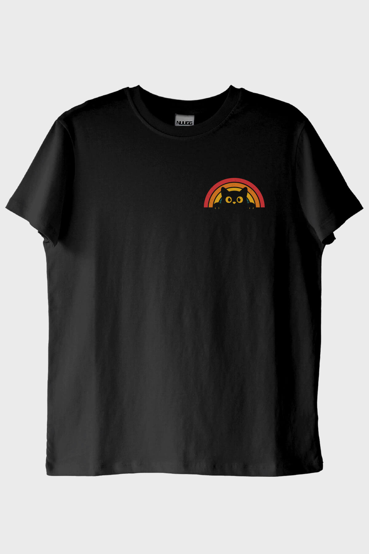 Rainbow Cat Baskılı Tasarım Siyah Tişört