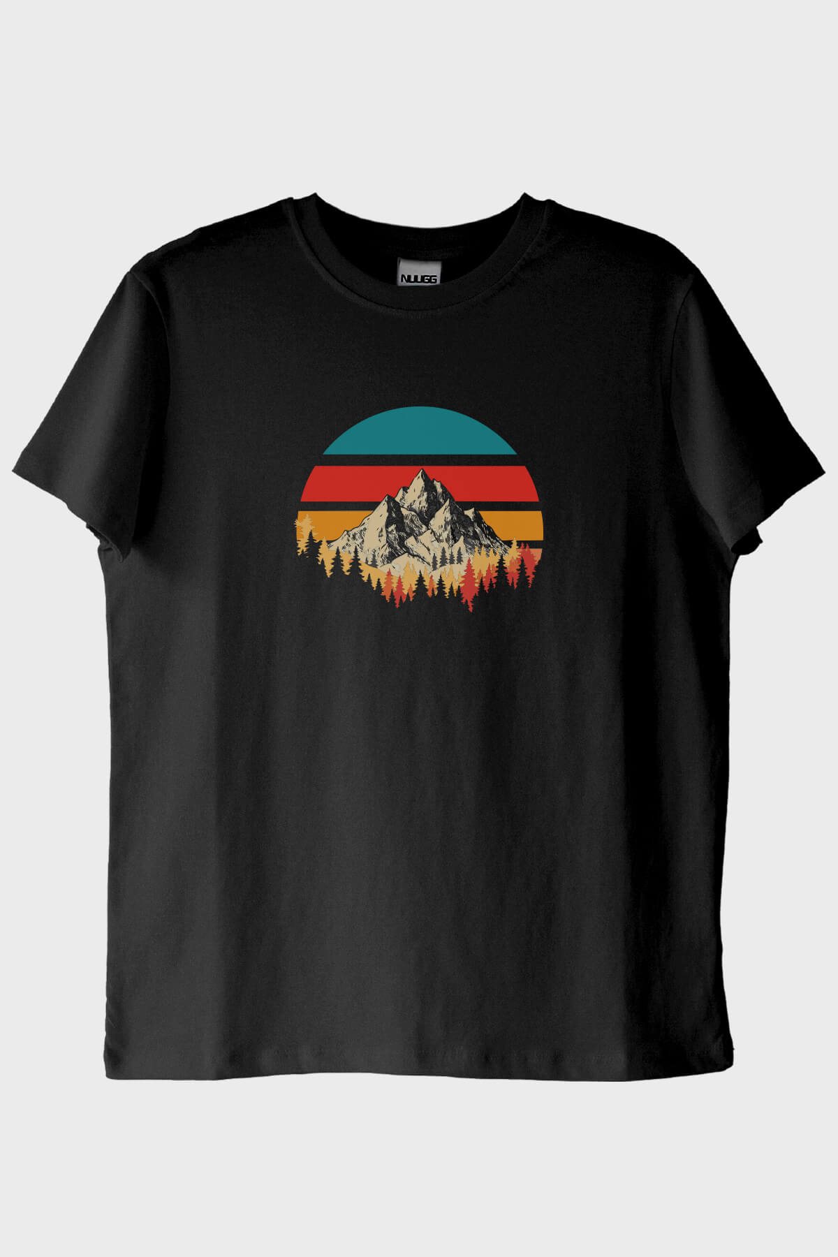 Retro Dağ Manzaralı Baskılı Minimalist Siyah Tişört