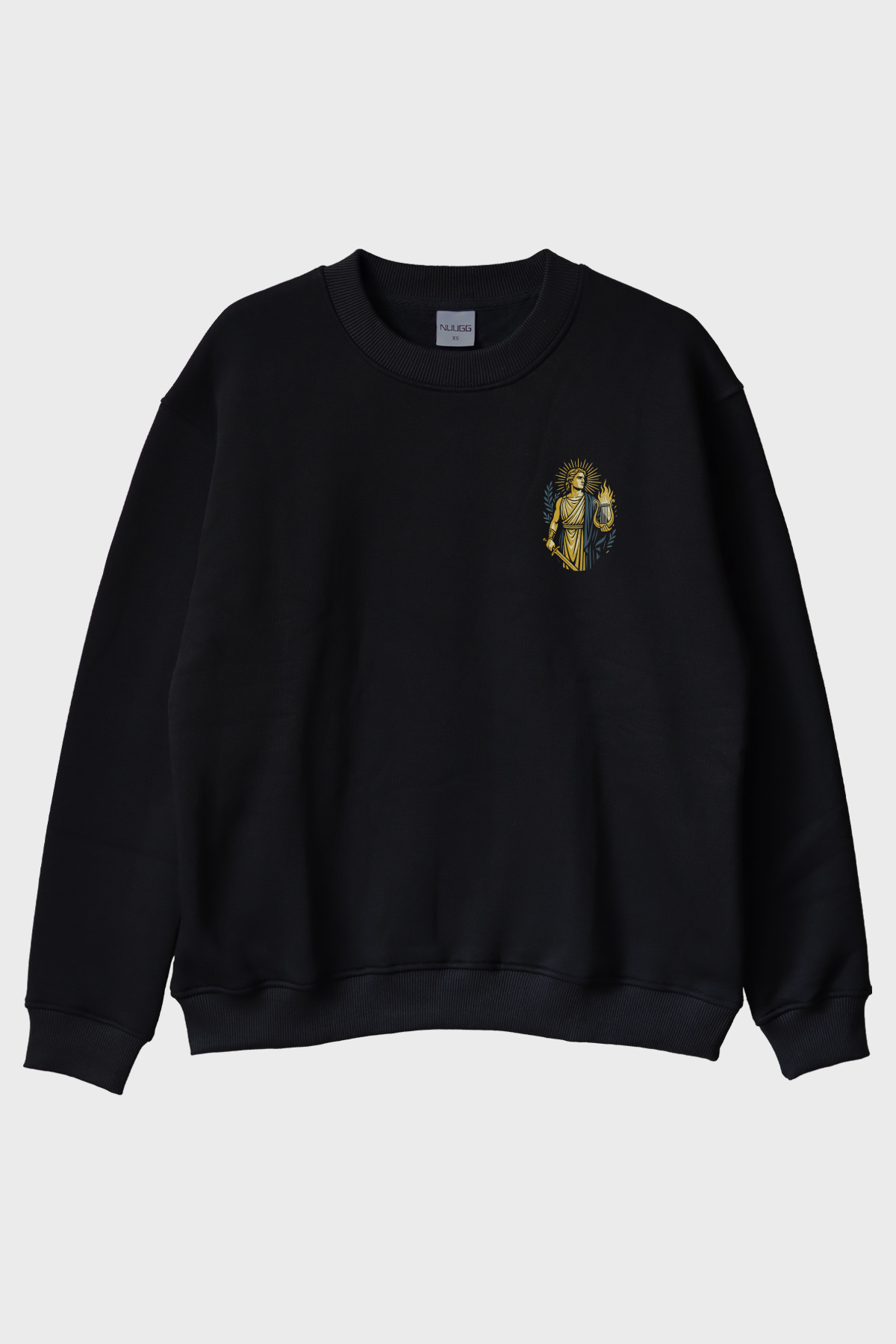 Apollon Figürlü Siyah Bisiklet Yaka Sweatshirt