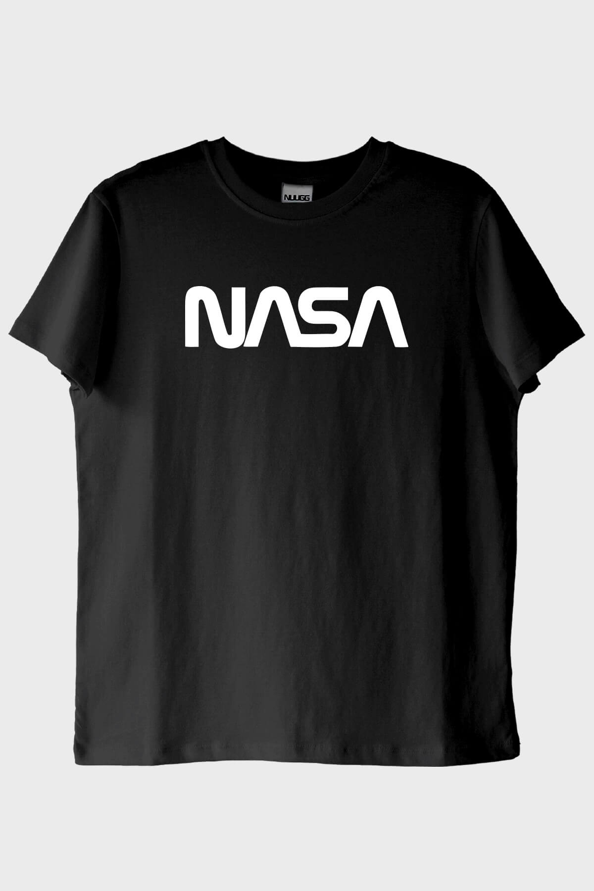 NASA Baskılı Minimalist Tasarım Siyah Tişört