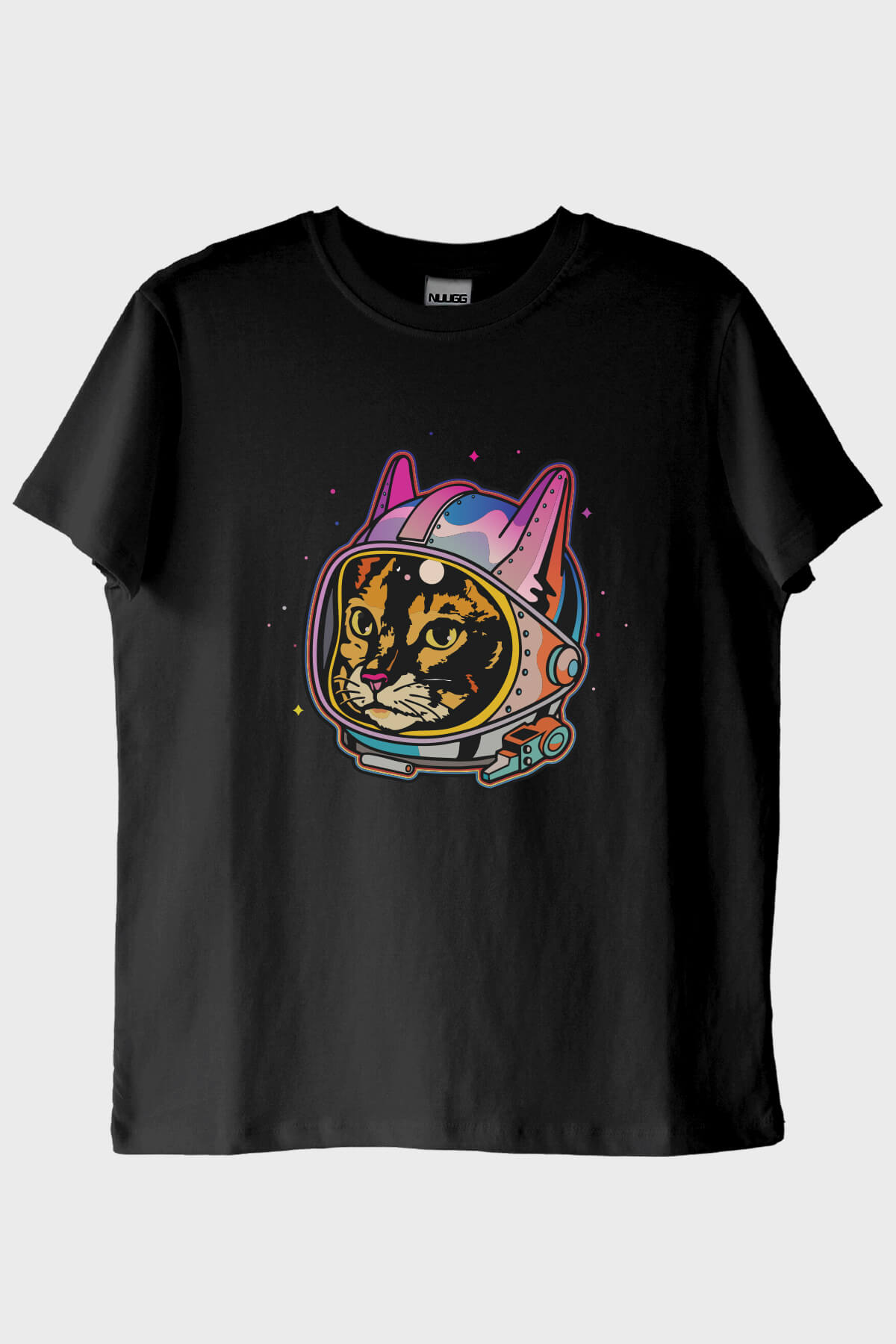 Astrocat Renkli Astronot Kedi Baskılı Siyah Tişört