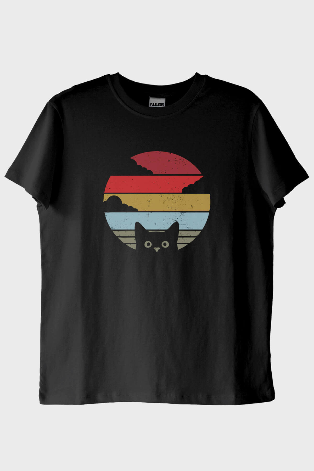 Retro Kedi Baskılı Modern Siyah Tişört