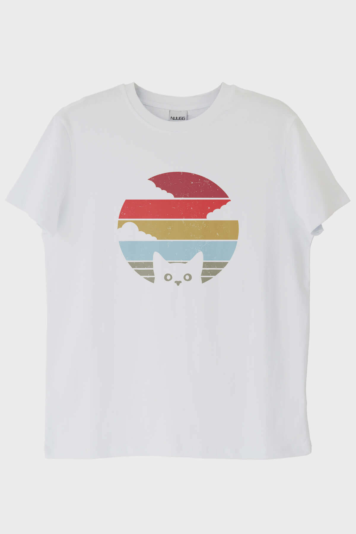 Retro Kedi Baskılı Modern Beyaz Tişört