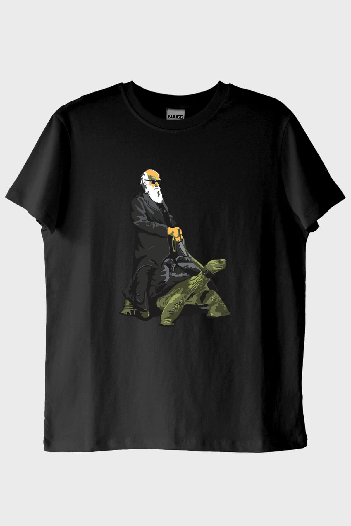 Kaplumbağa Darvin Baskılı Bilimsel Siyah T-Shirt